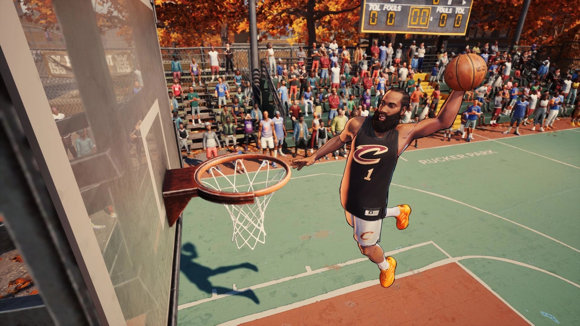 NBA THE RUN: Player in Cavaliers jersey goes for one-hand dunk on outdoor court with crowd and scoreboard.