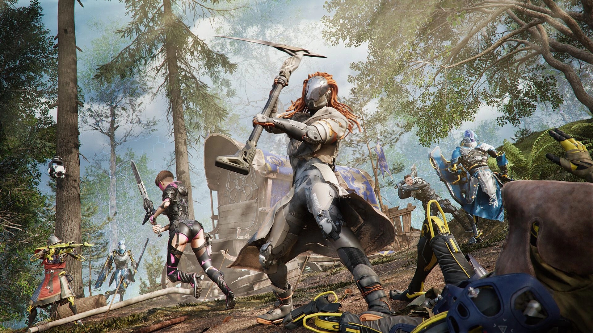 NCORE: Characters engage in combat with transforming weapons in a dynamic forest battleground setting.