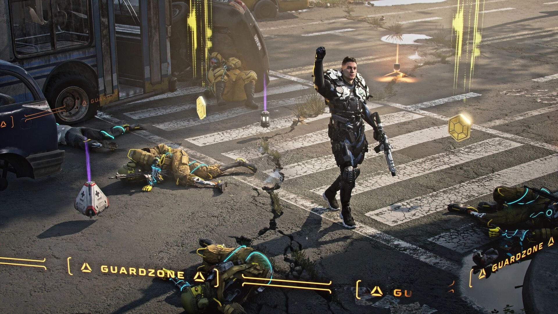 NCORE: Armored player character raises fist amidst defeated enemies on urban battleground with loot drops.