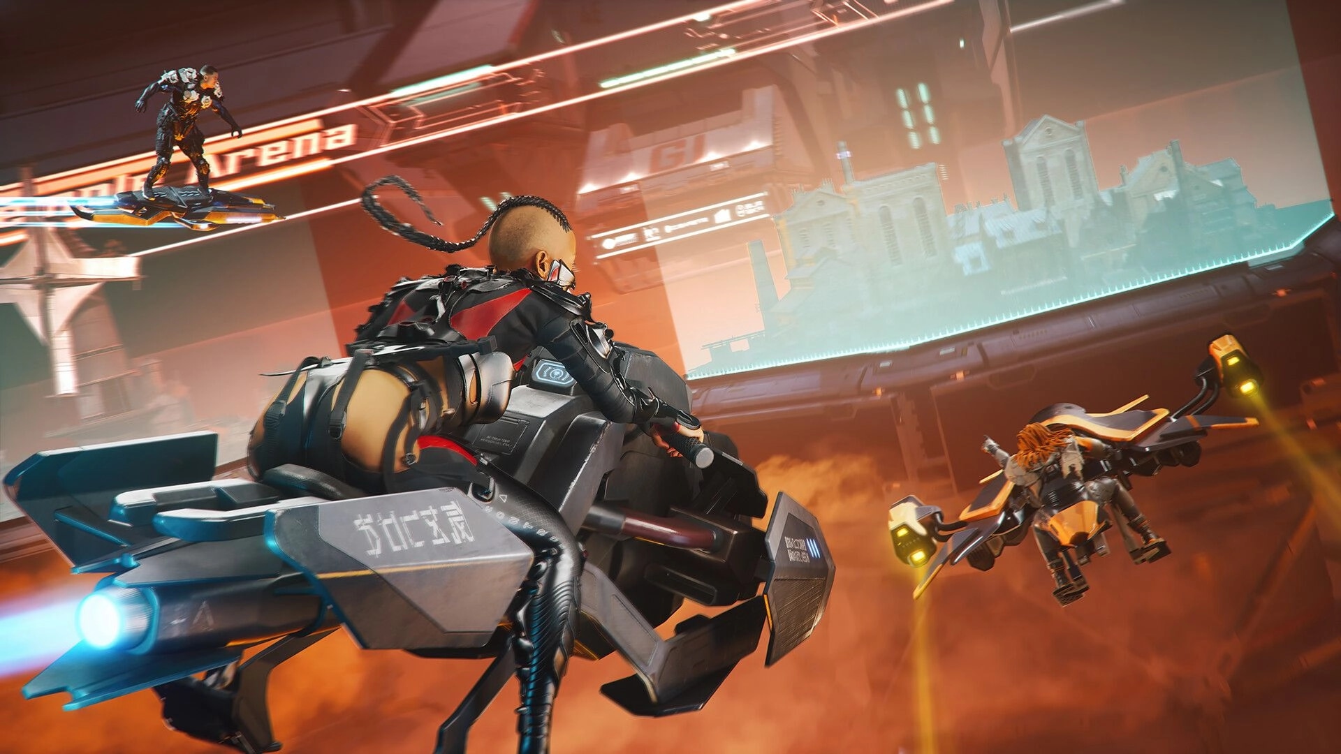 NCORE: Players on hoverboards in aerial battle within futuristic arena, cityscape hologram in background.