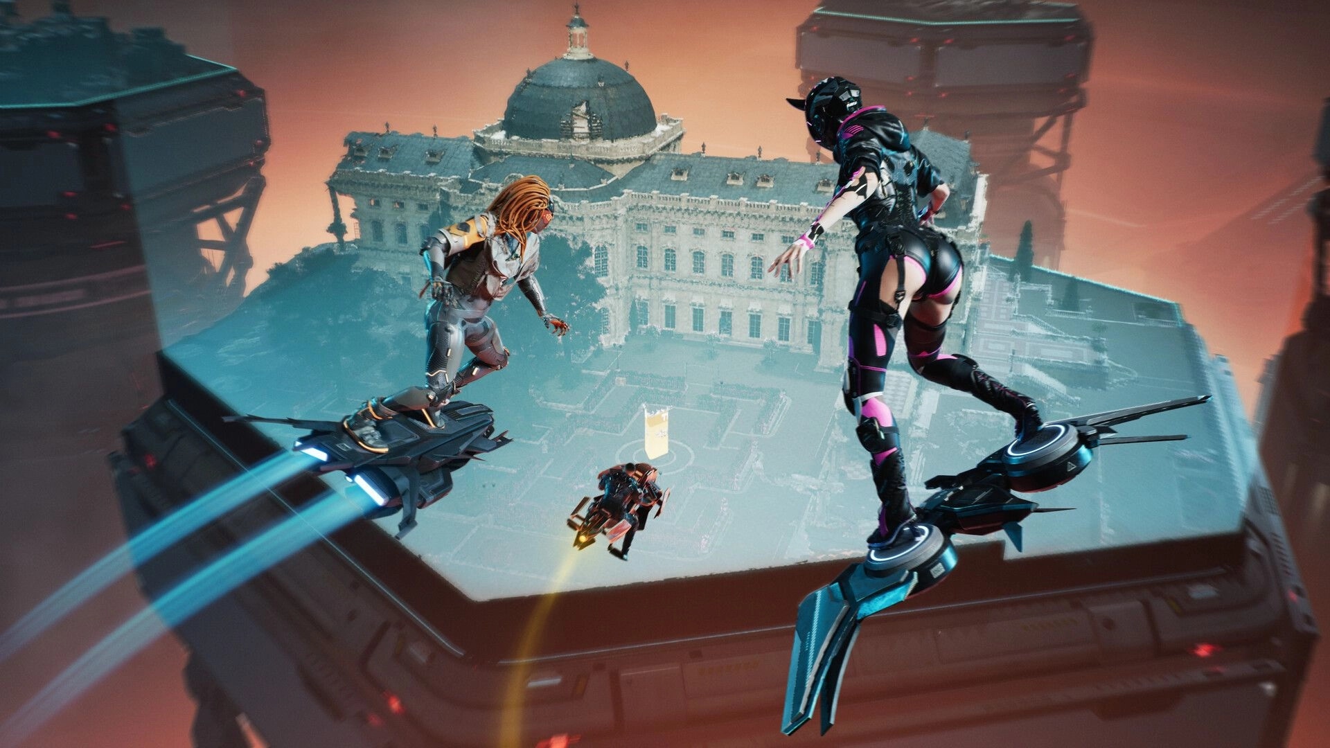 NCORE: Two players on hoverboards engaging in aerial combat above a futuristic cityscape.
