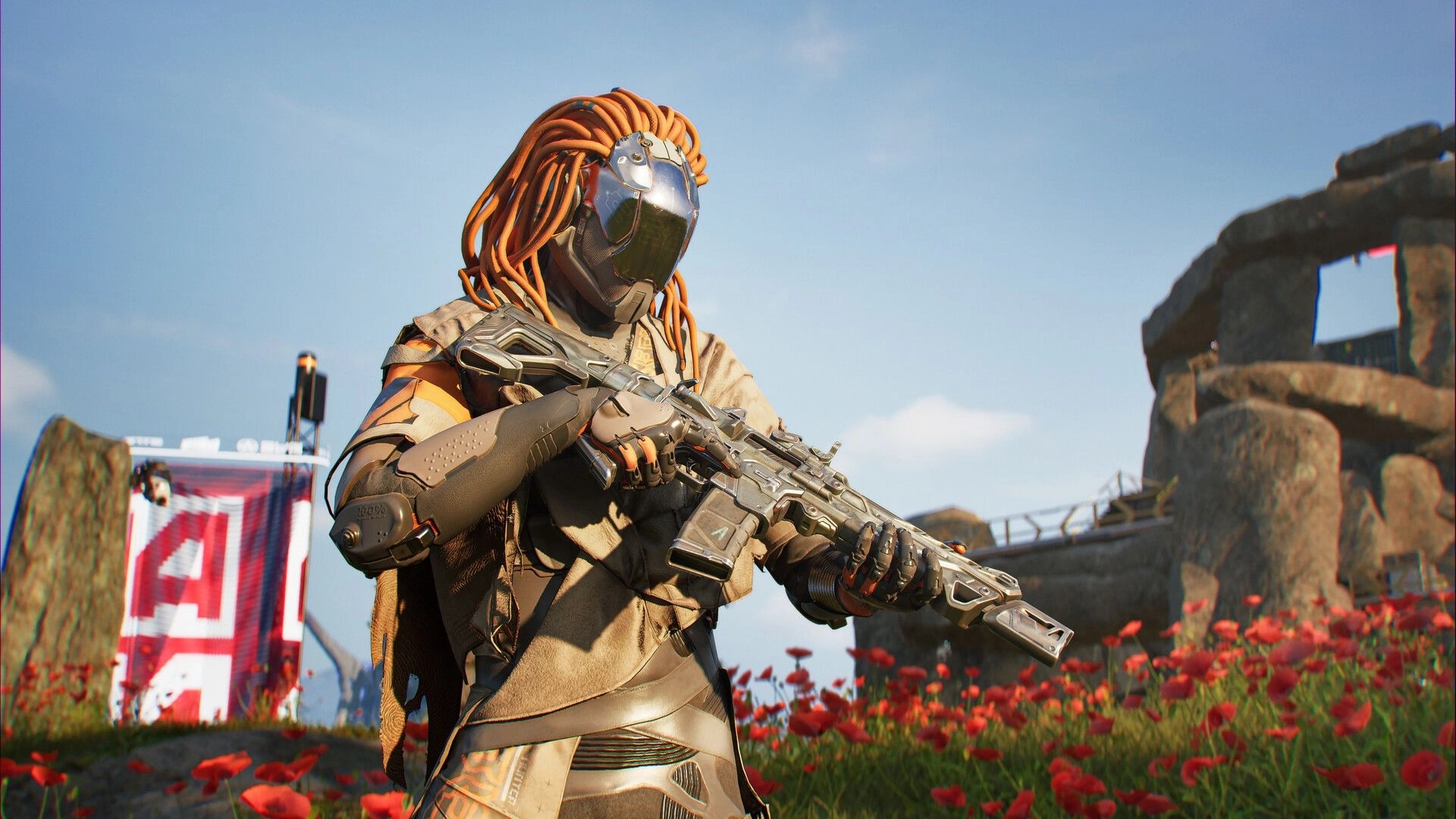 NCORE: Character in futuristic armor holding a rifle in a rocky field with red flowers and blue sky