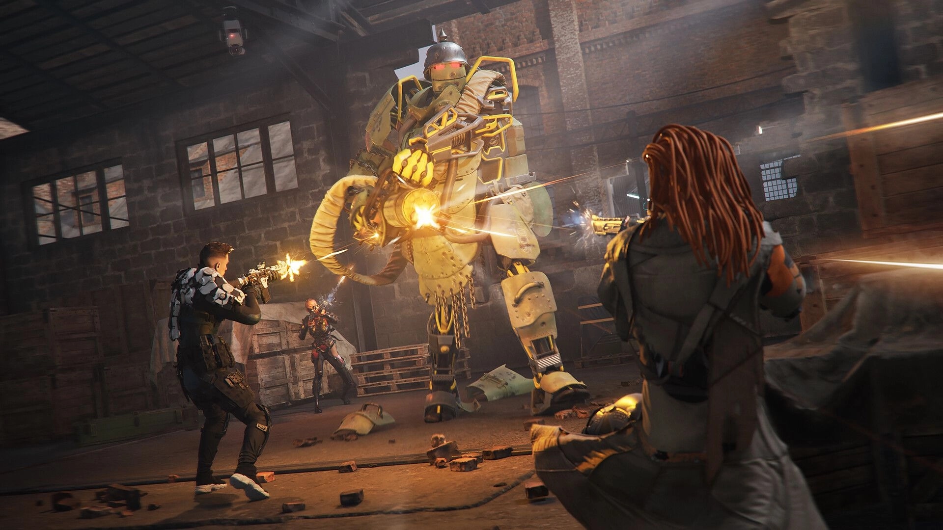 NCORE: Three players engage a giant robot in a warehouse, using firearms amidst scattered debris.