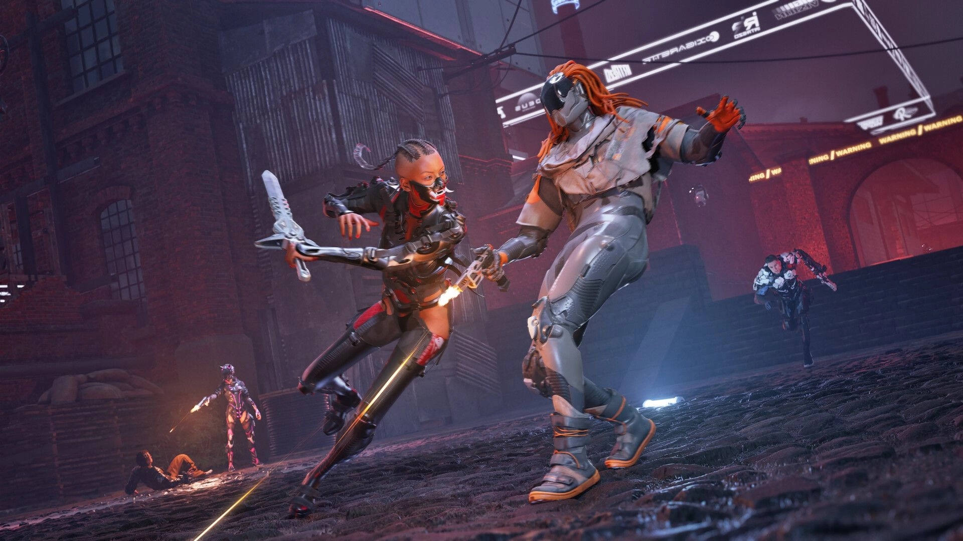 NCORE: Two armored characters engaged in melee combat on a dark cobblestone street with others nearby