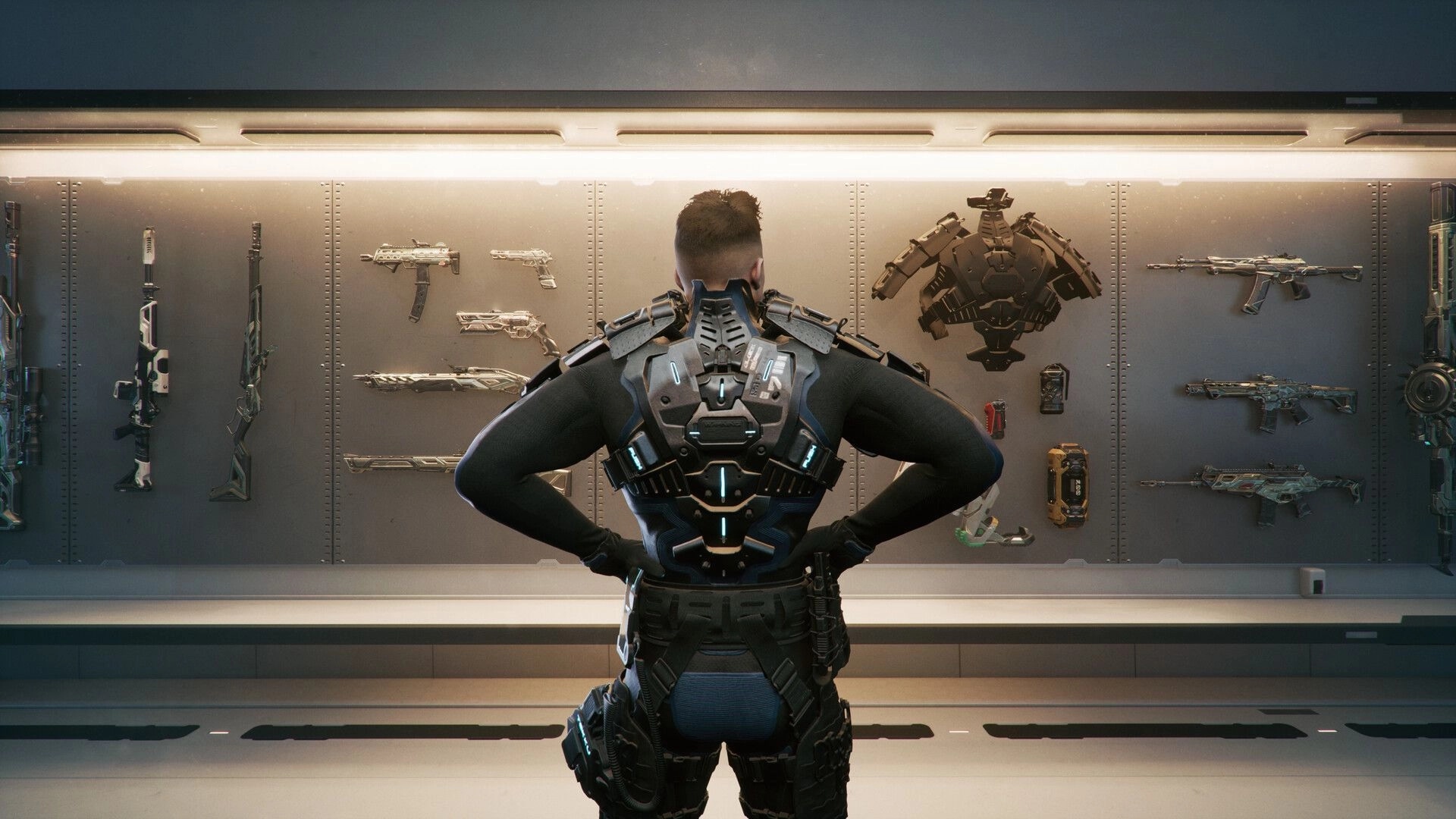 NCORE: Player in futuristic suit selecting weapons from an illuminated wall display in an armory room