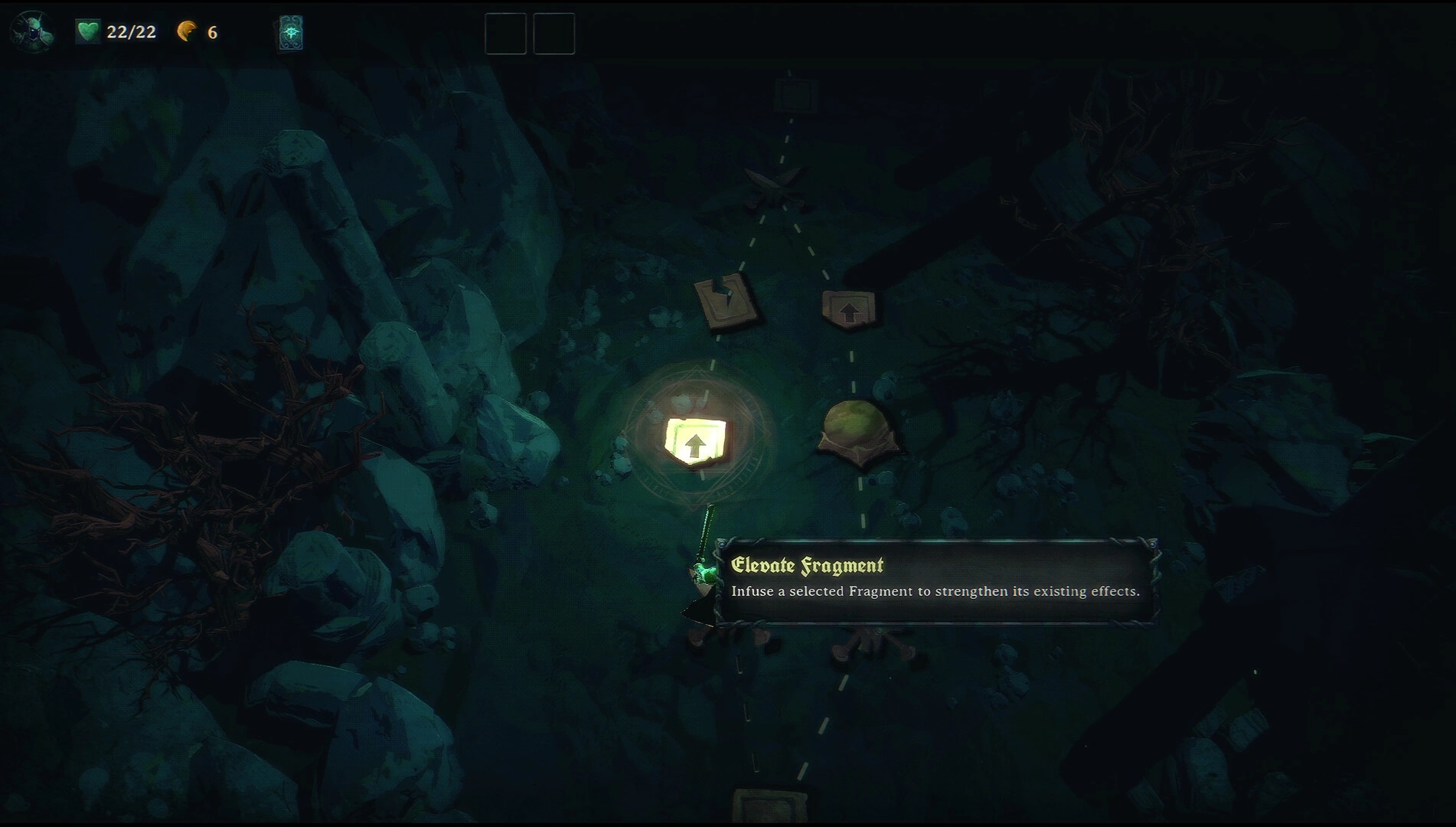 Near Mint: Path map with glowing upgrade node and Elevate Fragment tooltip in dark rocky terrain.