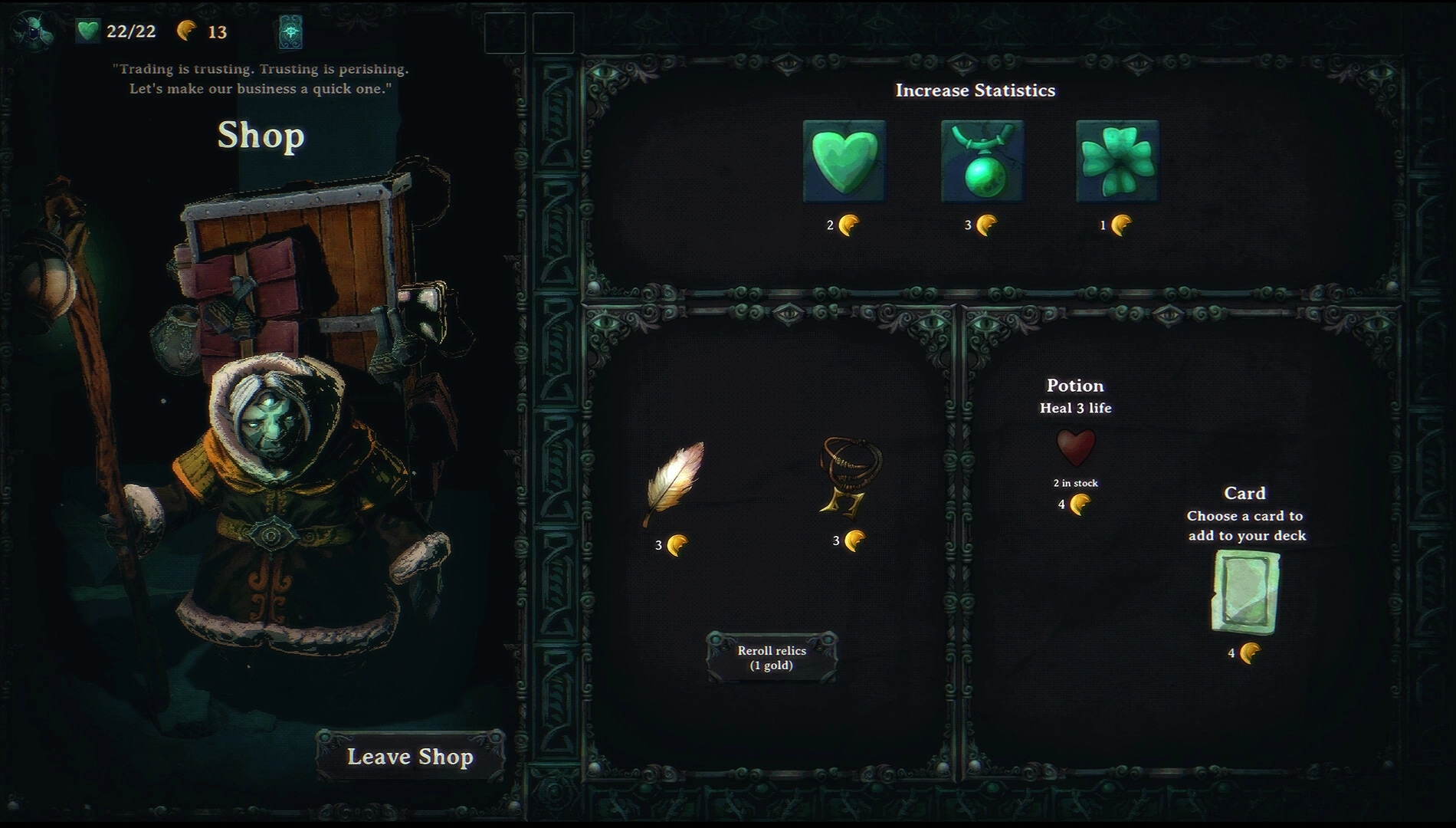 Near Mint: Shop screen with hooded merchant, stat upgrades, relics, potion and card purchase options.