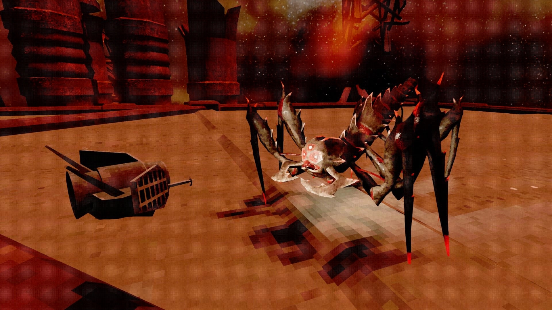 Nebula Veil: Alien creature confronts probe on desolate red planet surface with towering structures nearby