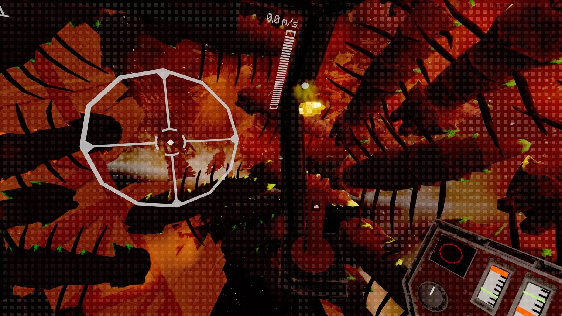 Nebula Veil: Navigating shuttle through red fog with radar interface amidst drifting wreckages