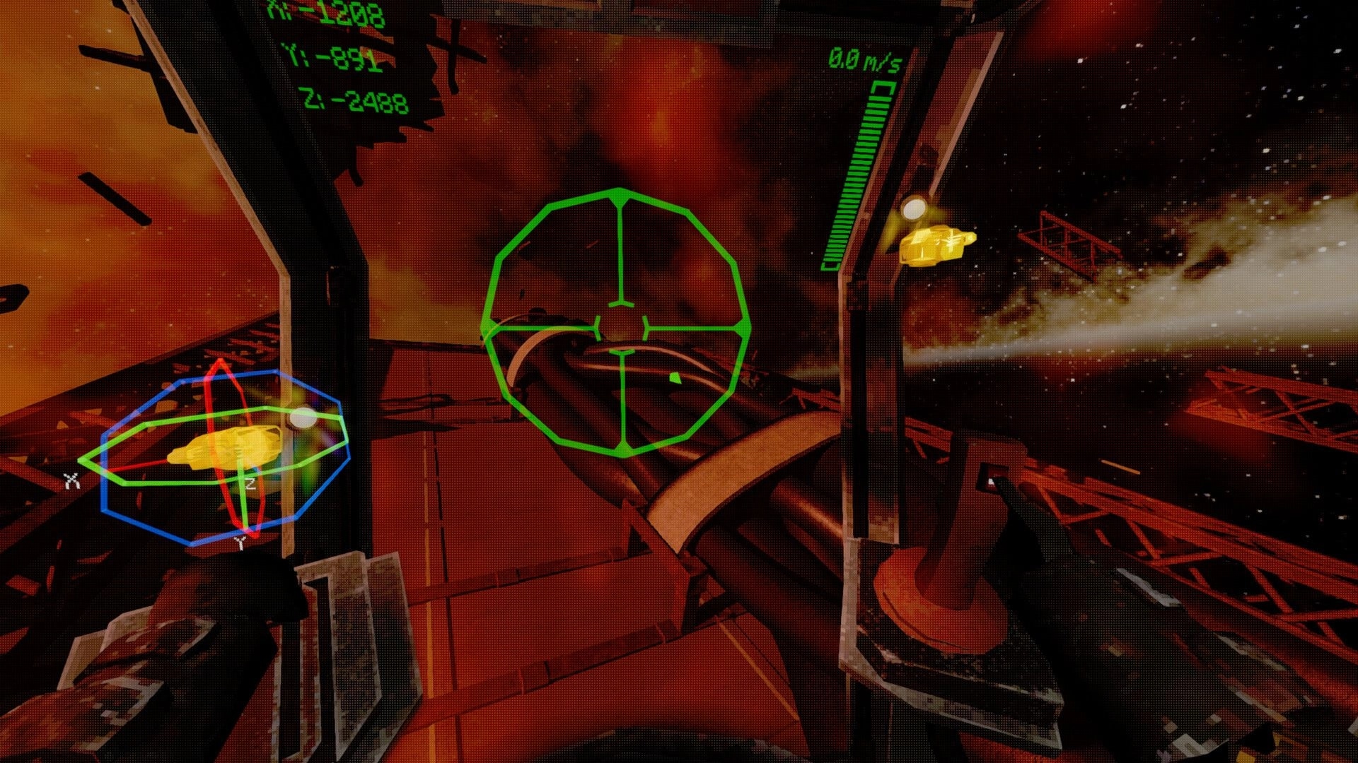 Nebula Veil: Cockpit view with HUD targeting system in space, drifting wreckage in red nebula backdrop