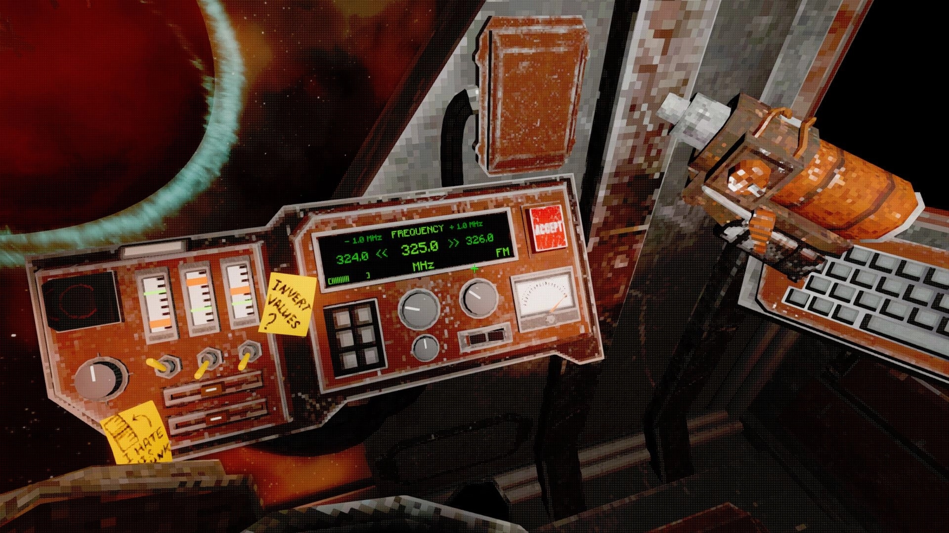 Nebula Veil: Control panel with frequency dials and notes inside space shuttle cockpit in red fog