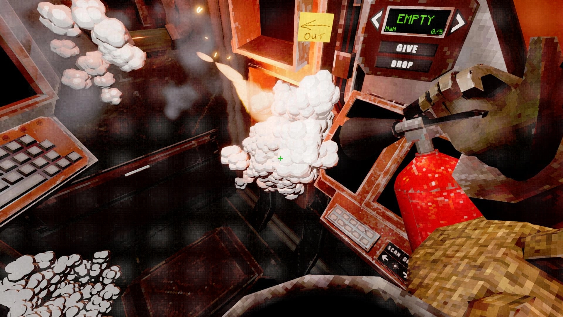 Nebula Veil: Player using fire extinguisher in cramped shuttle interior with smoke and control panels.