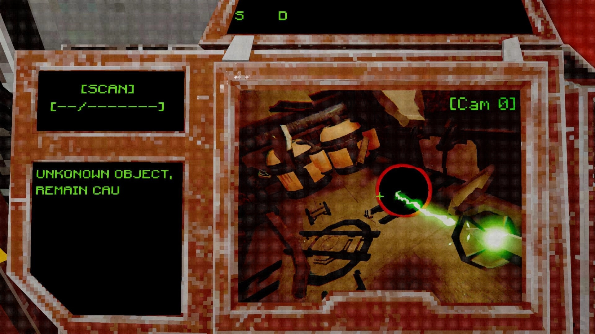 Nebula Veil: Scanning interface with unknown object warning in dimly lit wreckage environment