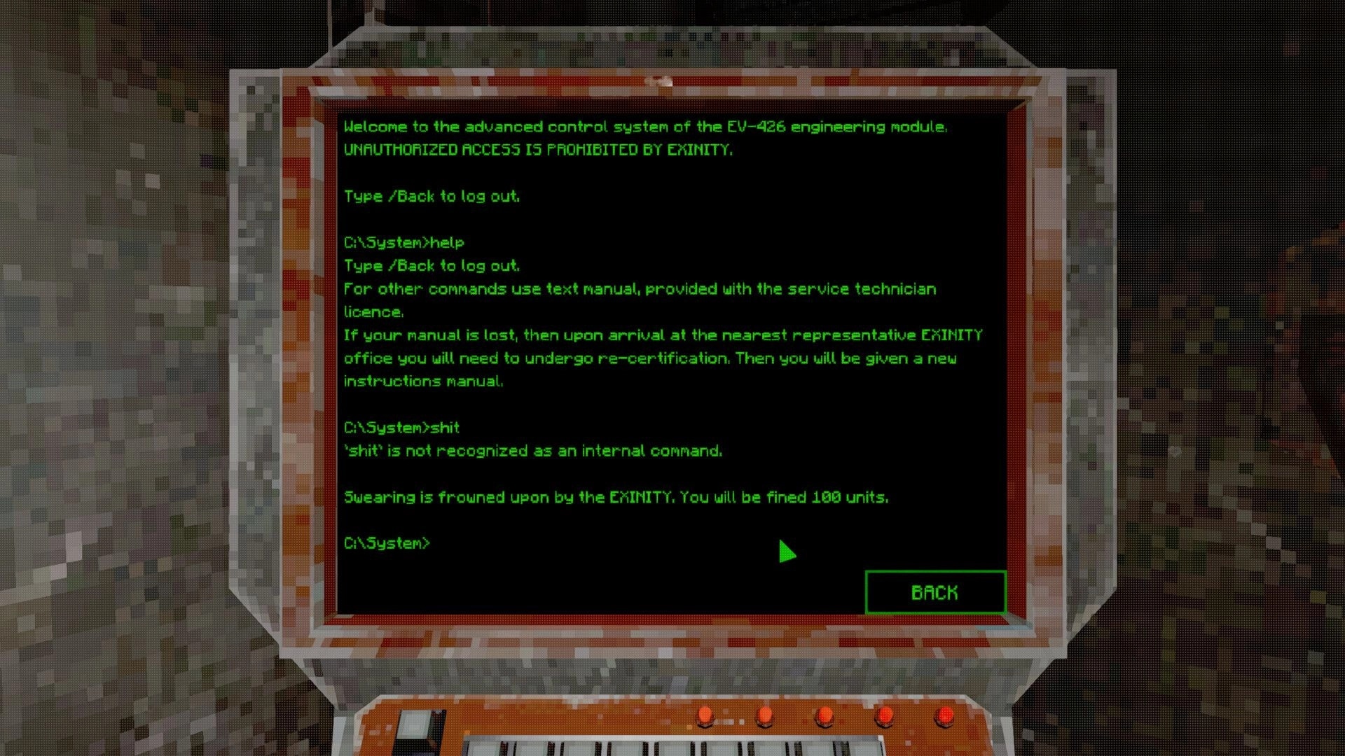 Nebula Veil: Command interface with text inputs and system warnings on control panel screen