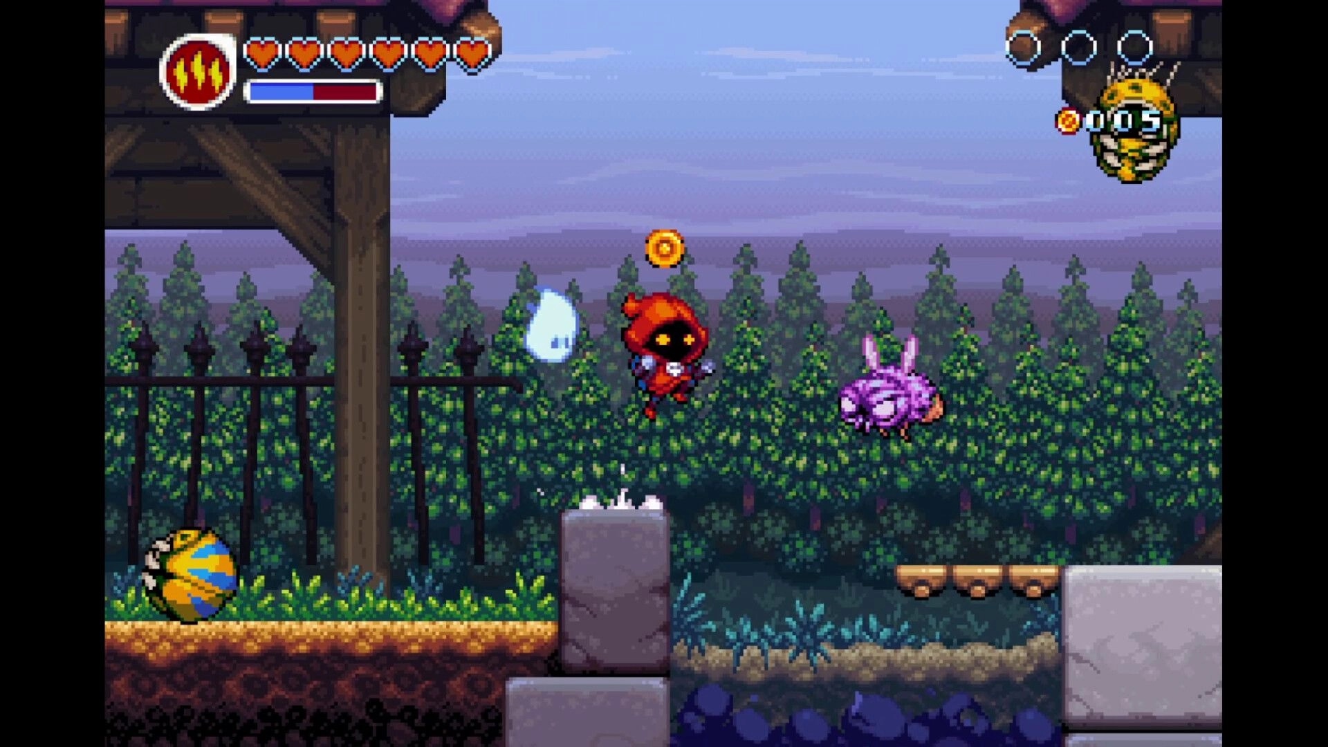 Necro Pop: Hooded hero jumps over spikes toward a purple bug enemy in a forest platform stage.