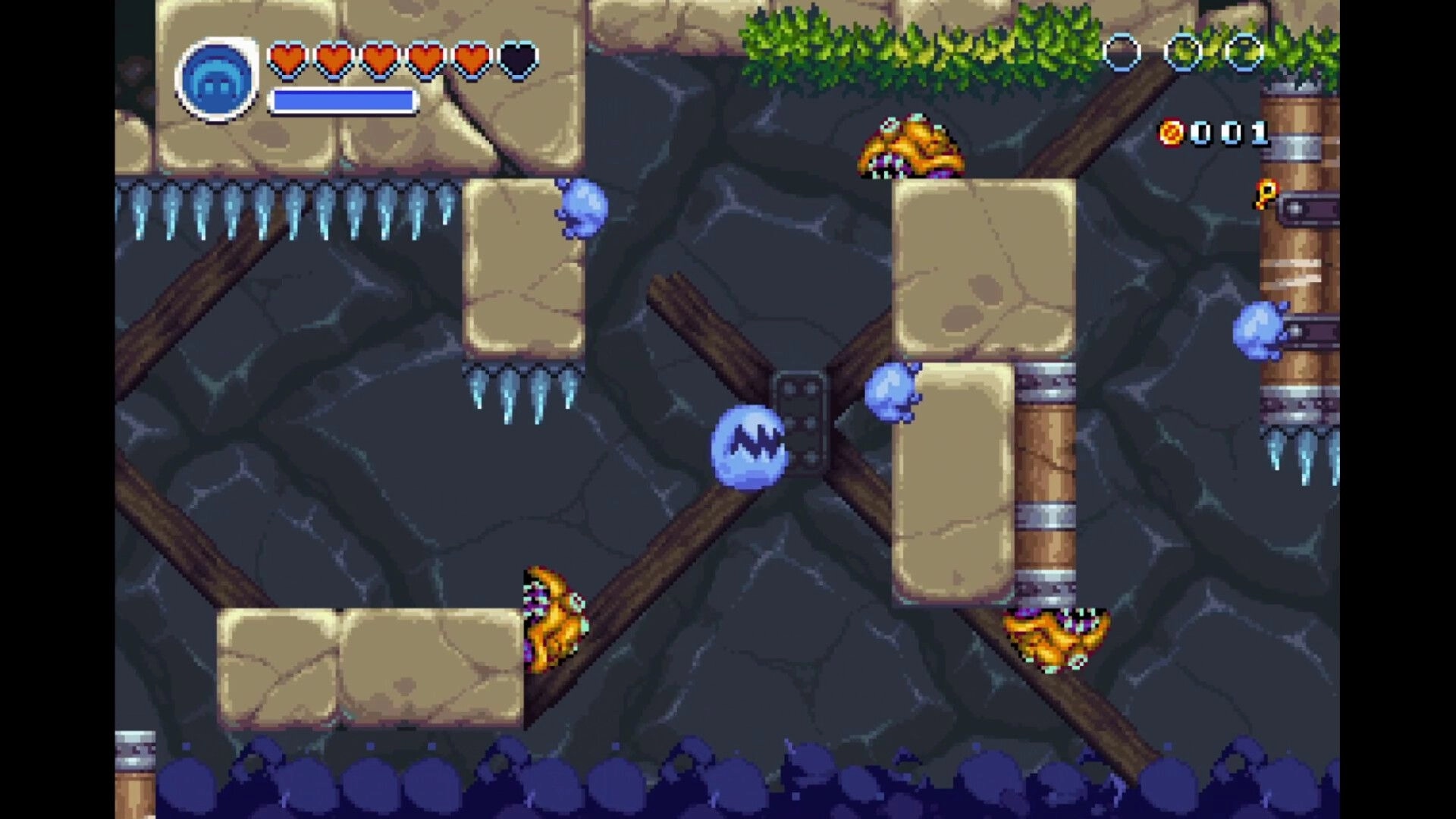 Necro Pop: Ghost hero dodges spikes and enemies on stone platforms in a cave, hearts HUD visible.