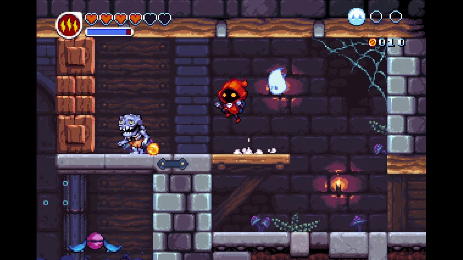 Necro Pop: Hooded hero jumps past a skeleton in a torchlit stone dungeon, hearts and meter UI shown.