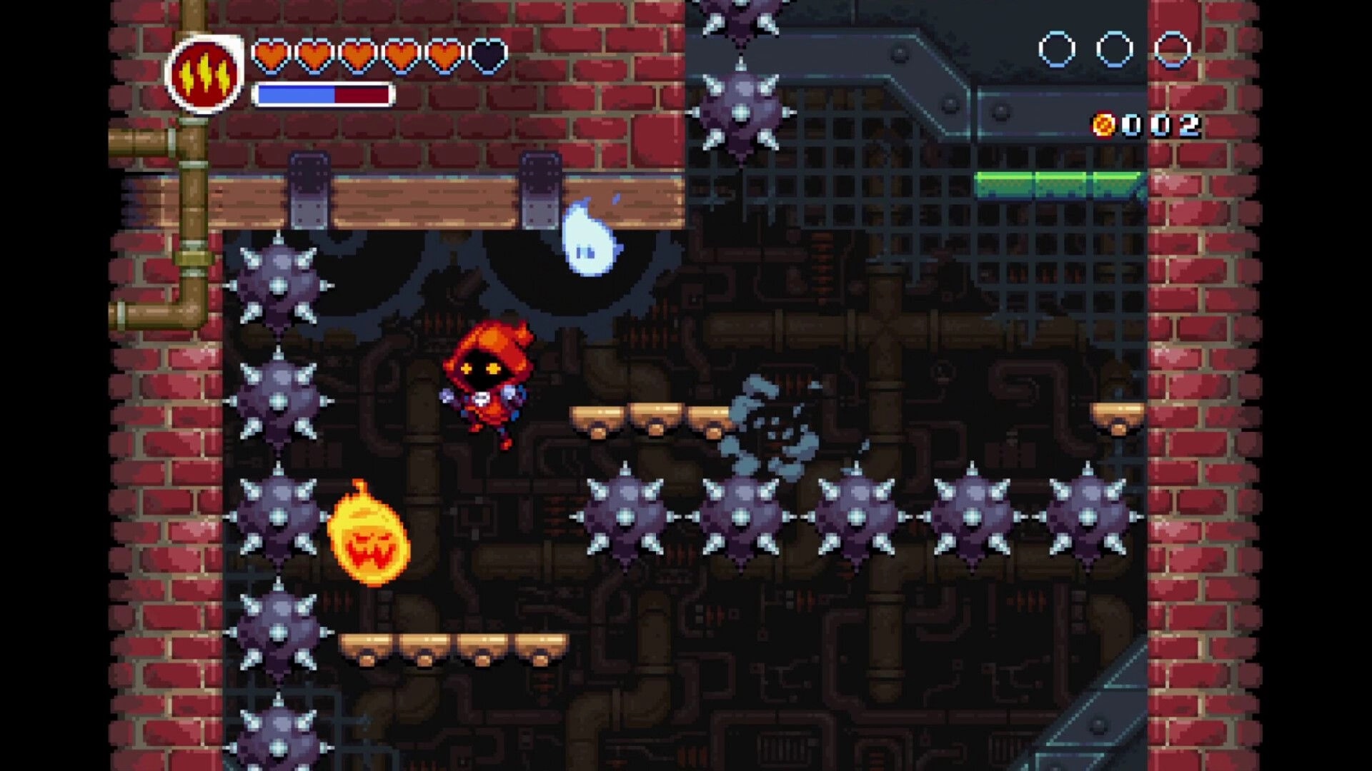 Necro Pop: Hooded hero jumps between platforms past spiked maces in a brick-and-pipe dungeon UI hearts show 002 coins.