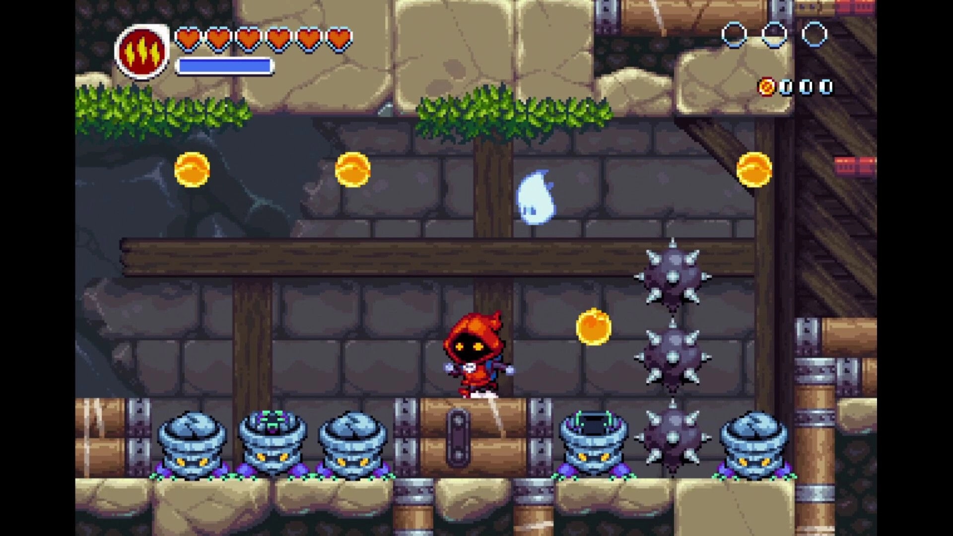 Necro Pop: Red-hooded hero dodges spiked mace traps and coins in a stone dungeon corridor HUD visible.