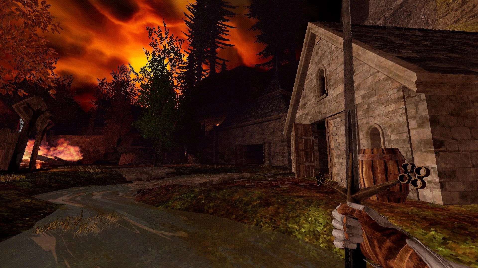 Necrofane: First-person view holding a mace near a stone house and trees under a fiery sky.