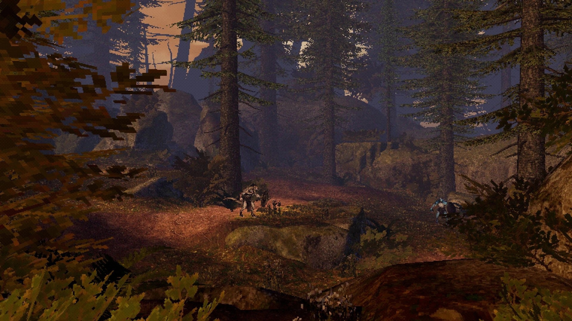 Necrofane: Party stands on a forest path with tall pines and rocky cliffs in misty dusk light.