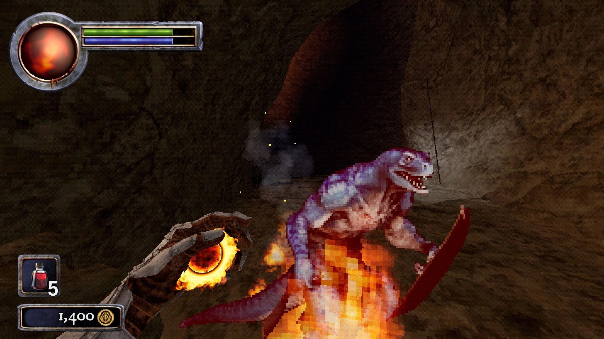 Necrofane: First-person fire spell hits a reptilian enemy in a rocky tunnel with health bars and potion UI.