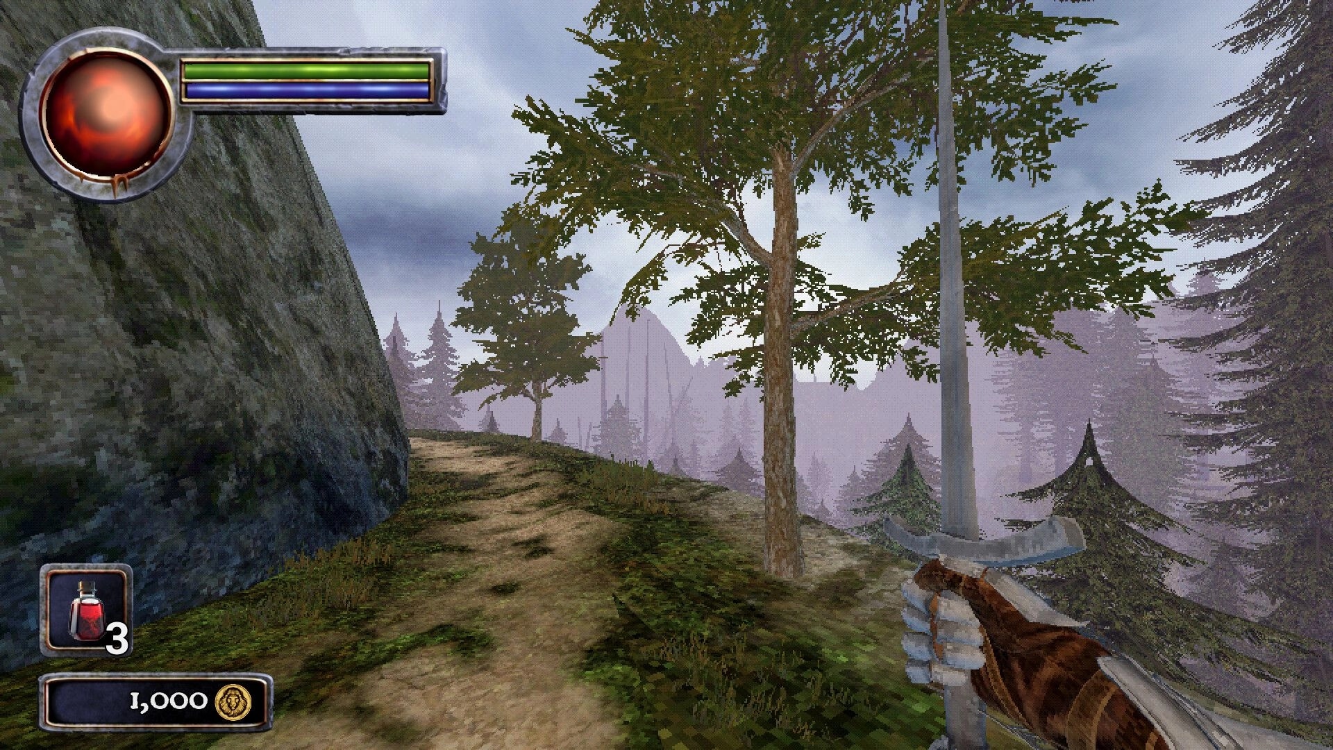Necrofane: First-person sword held on a cliffside forest path, HUD bars and potion count visible.