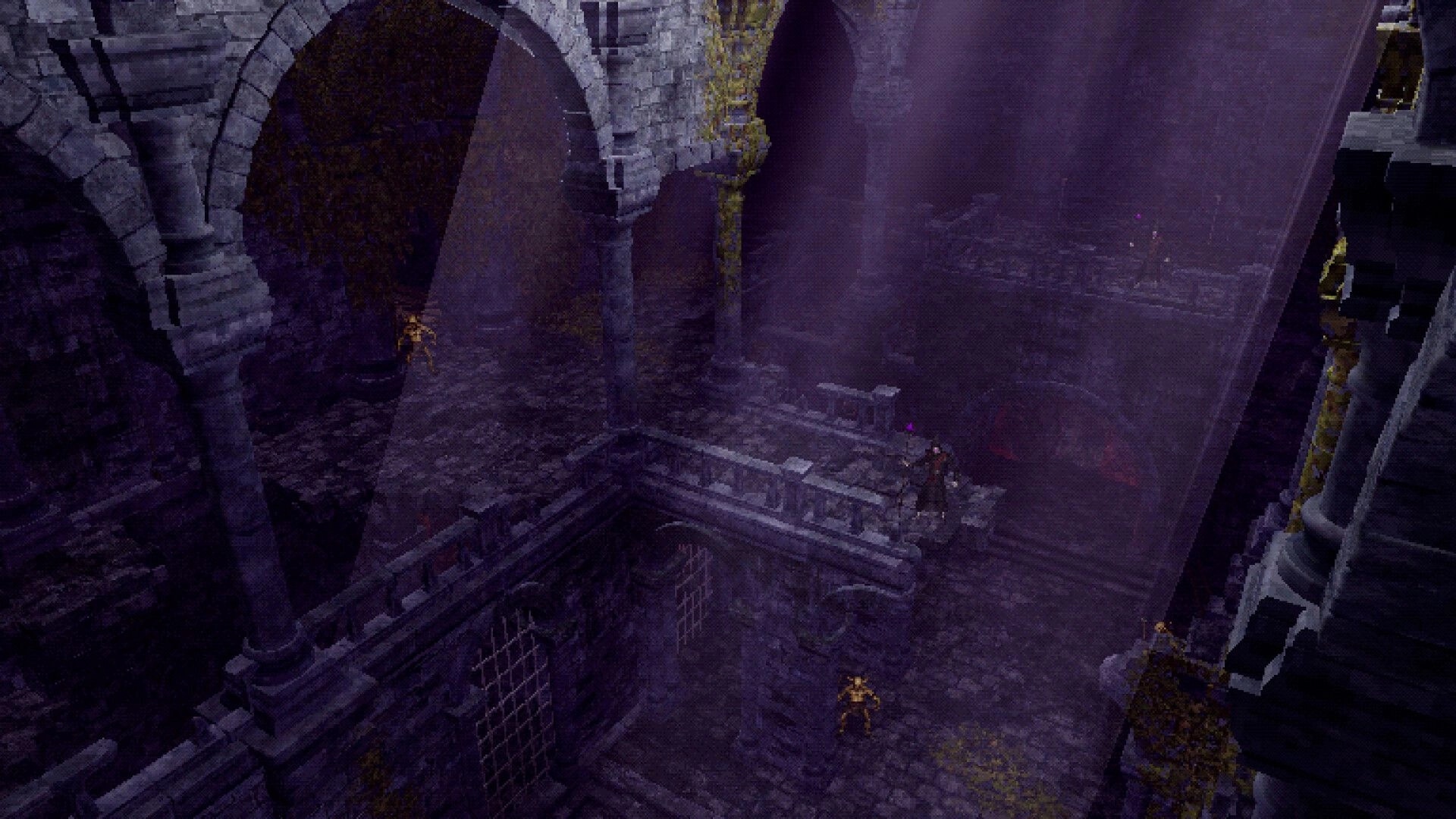 Necrofane: Adventurer on a stone bridge in a ruined castle hall, purple fog and skeletons below.