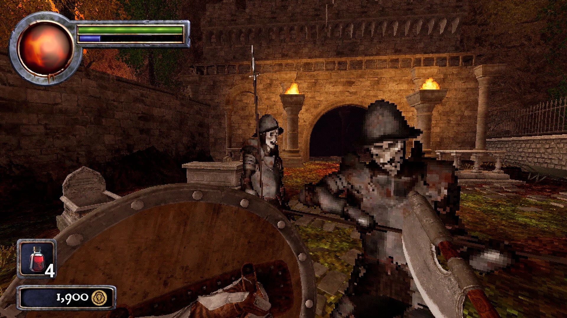 Necrofane: First-person sword and shield raised near two guards in a torchlit stone courtyard UI visible.