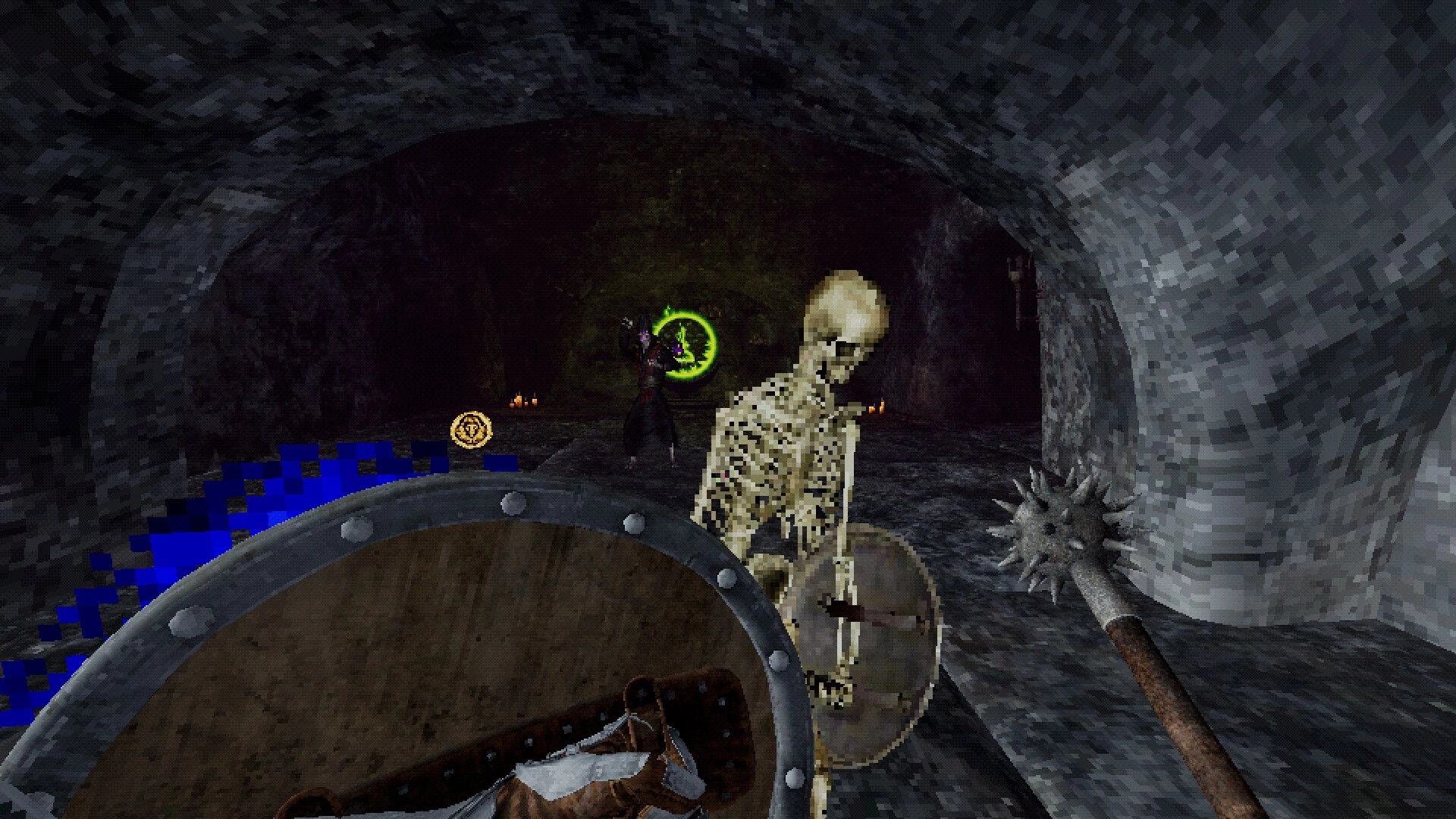 Necrofane: First-person fight with skeleton and mace in a stone tunnel, necromancer casting behind.