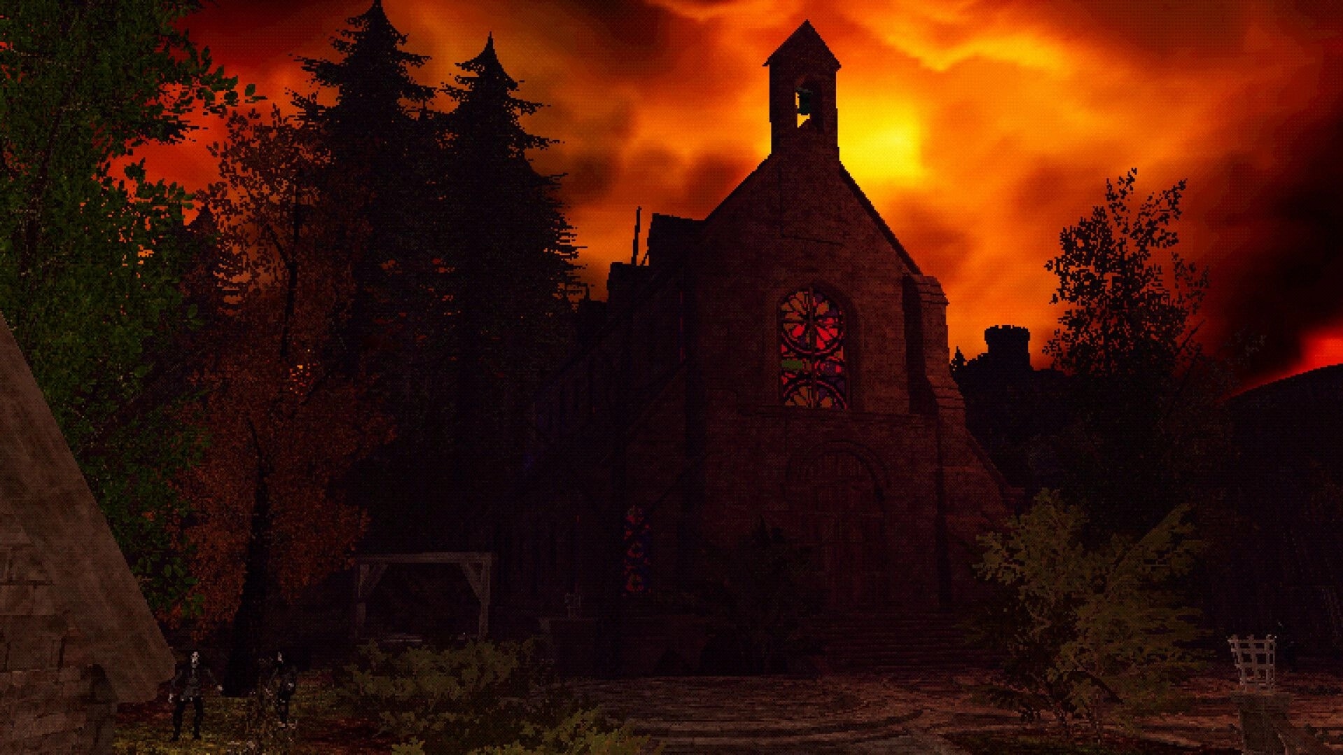 Necrofane: Two armored figures approach a ruined chapel with stained glass under a fiery sky.