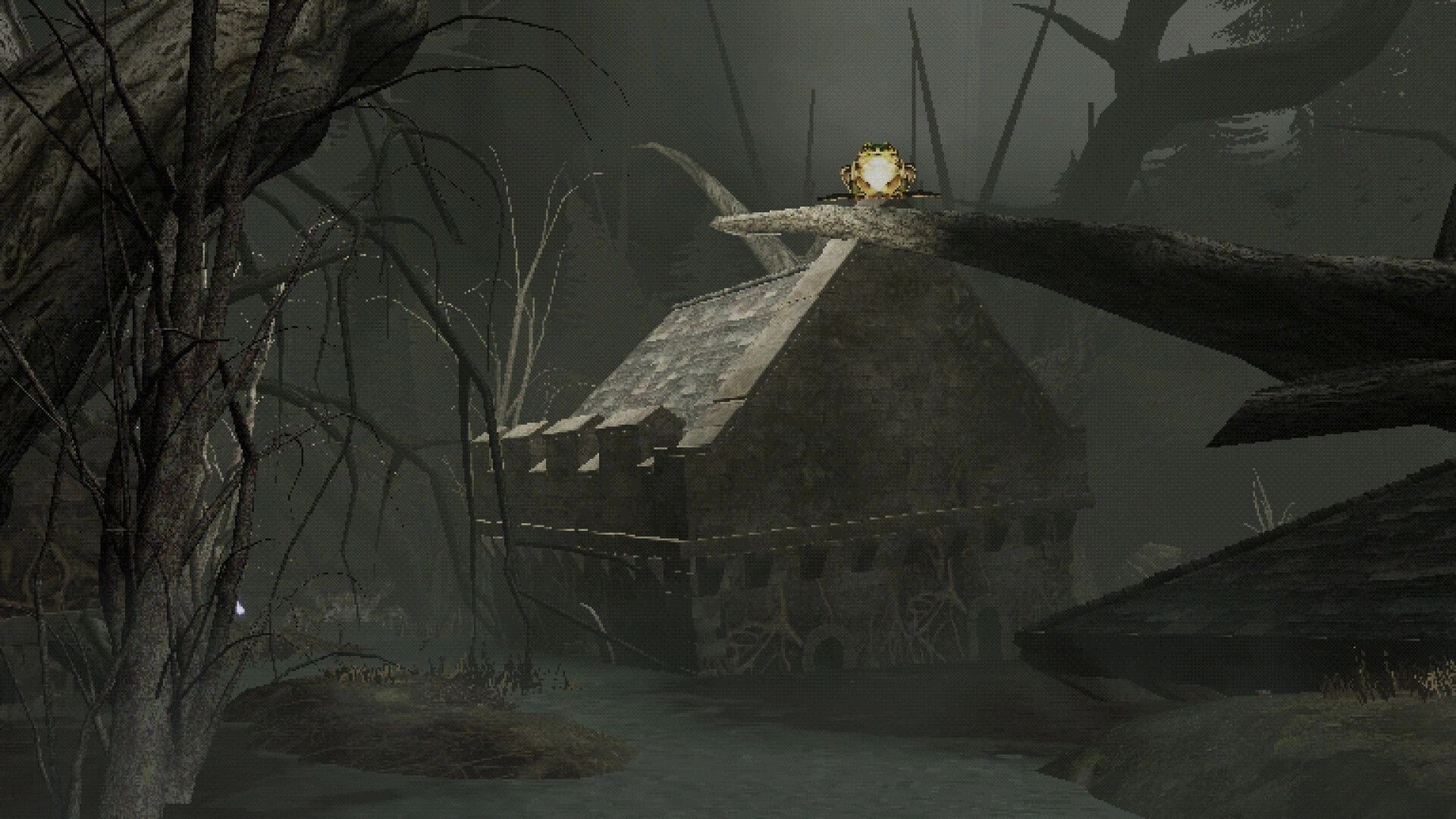 Necrofane: Glowing golden orb on a stone ledge above a flooded ruin in a foggy swamp forest.
