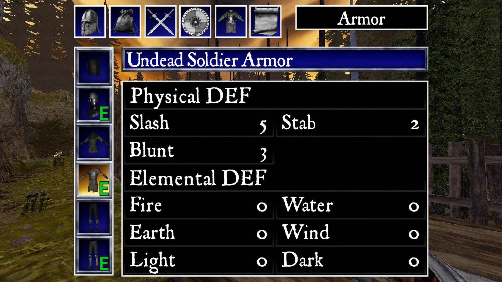 Necrofane: Armor menu open on Undead Soldier Armor with defense stats over a forest village backdrop.
