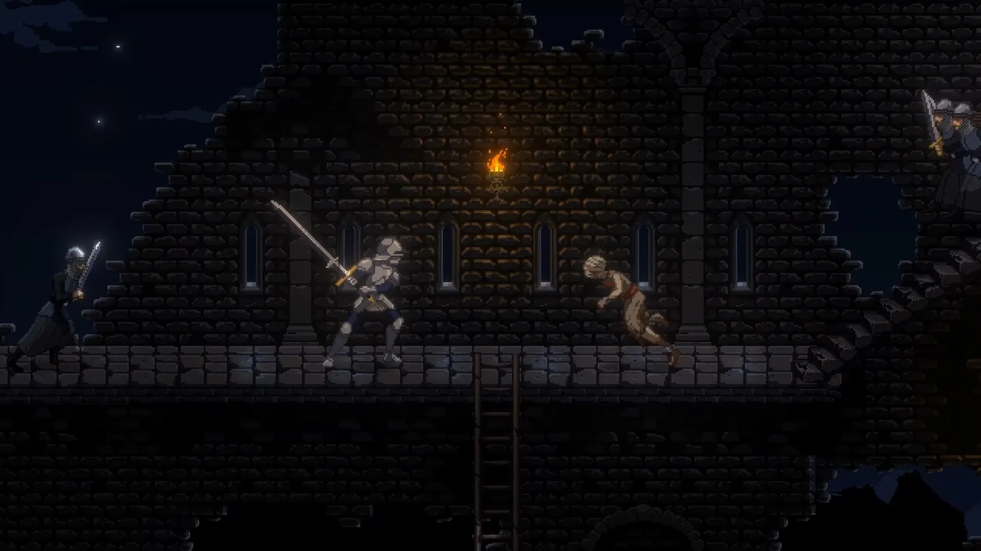 Necrofugitive: Shapeshifter evades knights in dimly lit stone castle corridor with torches on walls