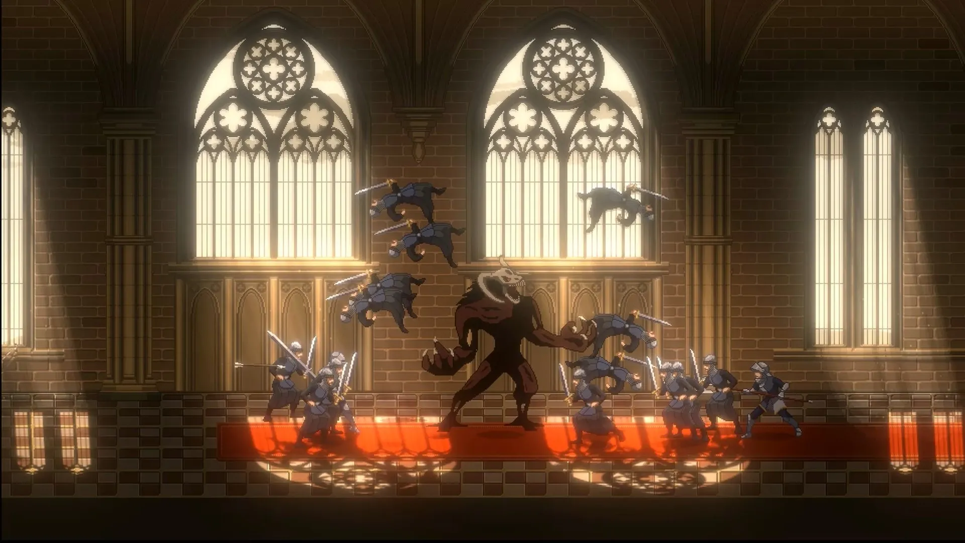 Necrofugitive: Shapeshifter battles knights in a sunlit cathedral with stained glass windows.