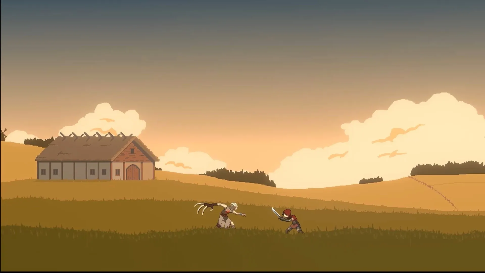 Necrofugitive: Combat between shapeshifter and enemy in a grassy field with a medieval house nearby