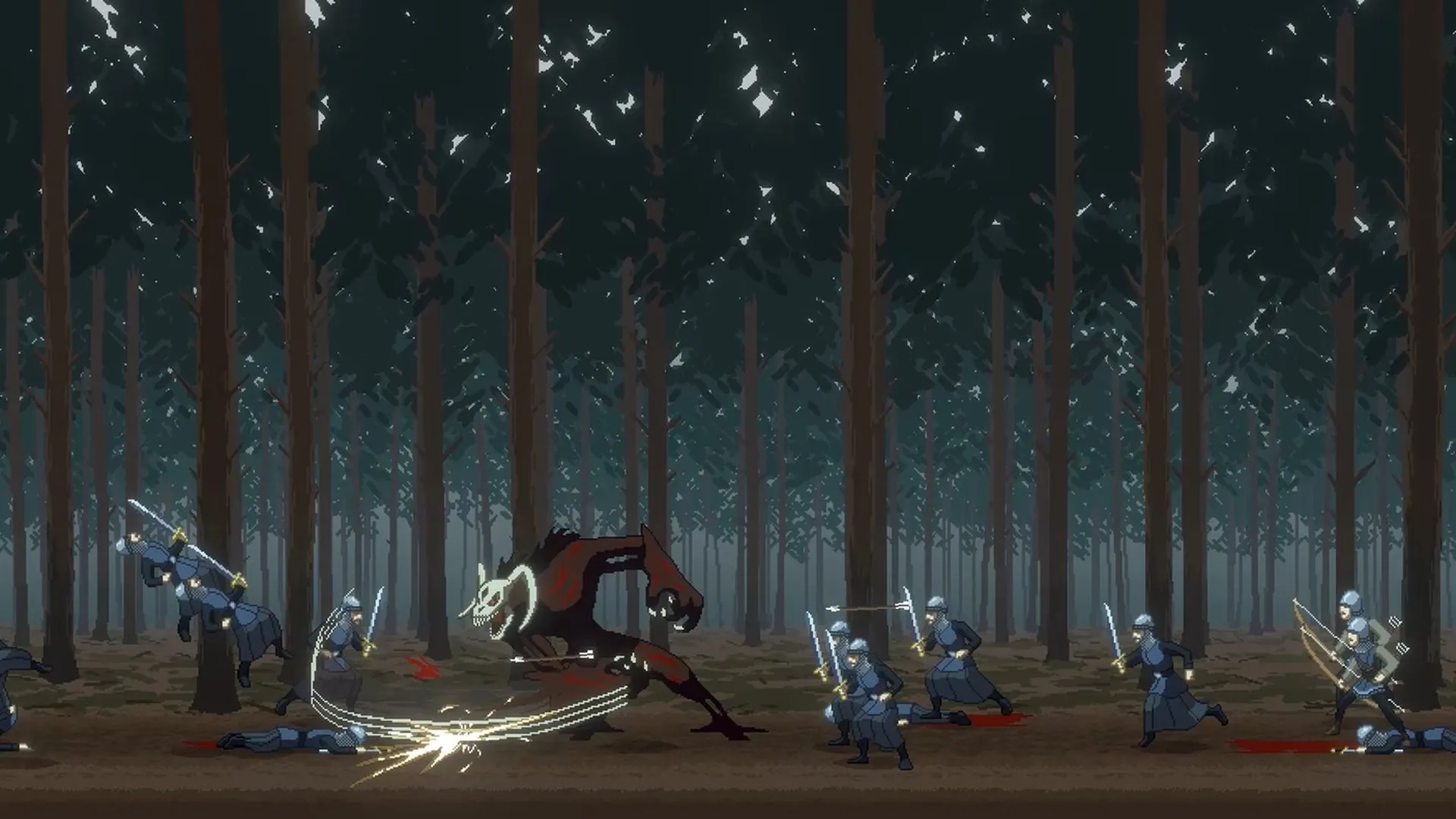 Necrofugitive: Shapeshifter battles armored soldiers in a dense, dark forest setting.