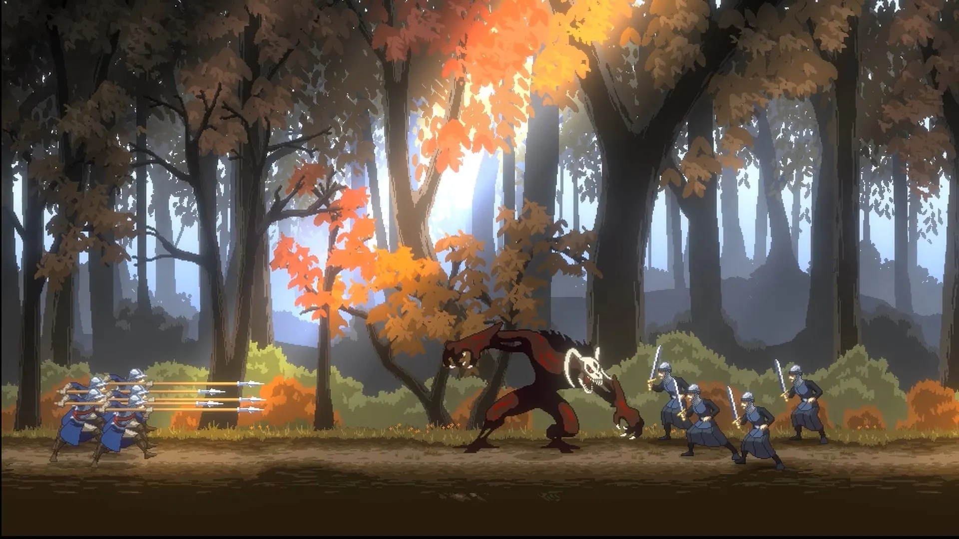 Necrofugitive: Shapeshifter evading armed guards in a dense, autumn-colored forest setting
