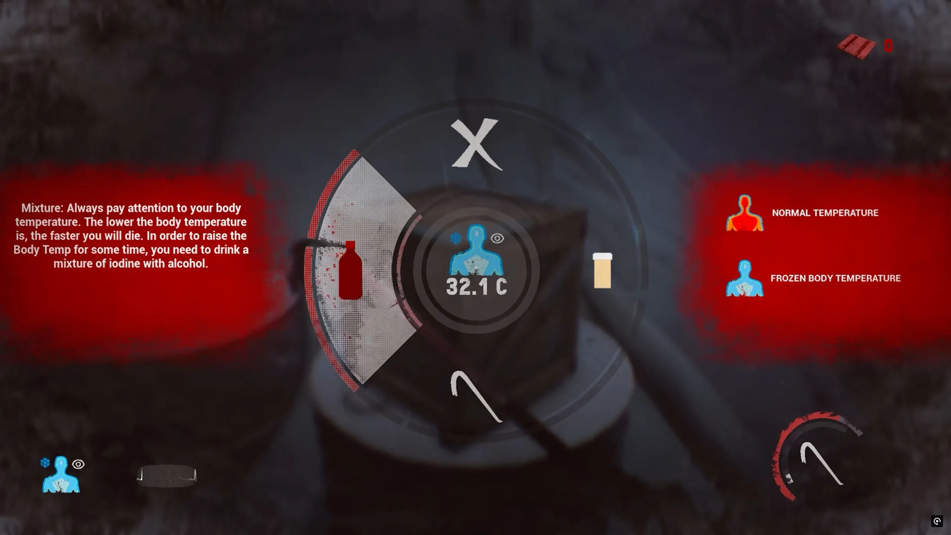 NEDRA: Body temperature HUD with iodine warning, crowbar icon, and temperature status in Antarctic base.
