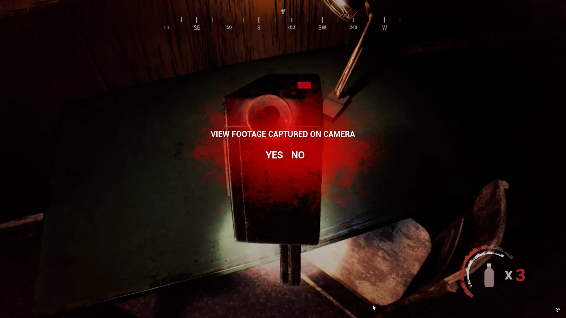 NEDRA: Camera footage selection prompt with "YES" or "NO" options, set on a dimly lit table.