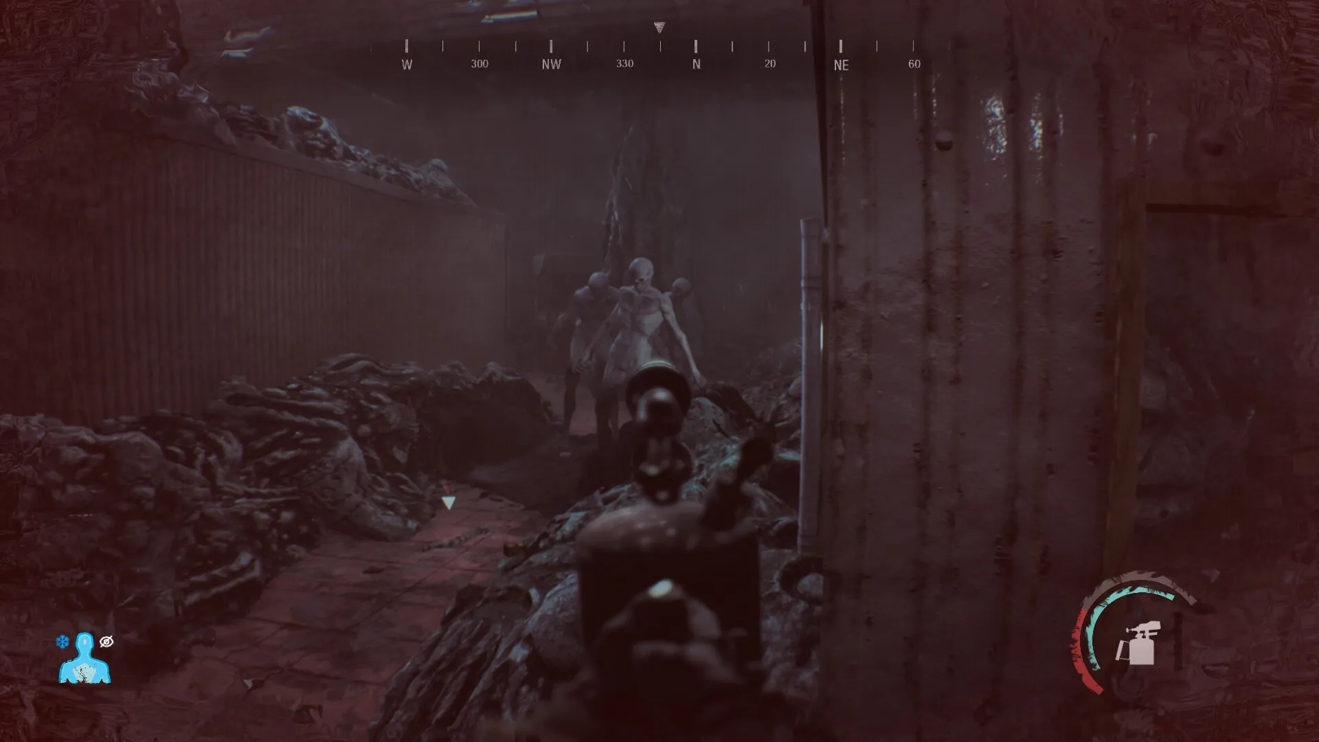 NEDRA: First-person view aiming at eerie creatures in a dark, decayed corridor at Antarctic station.