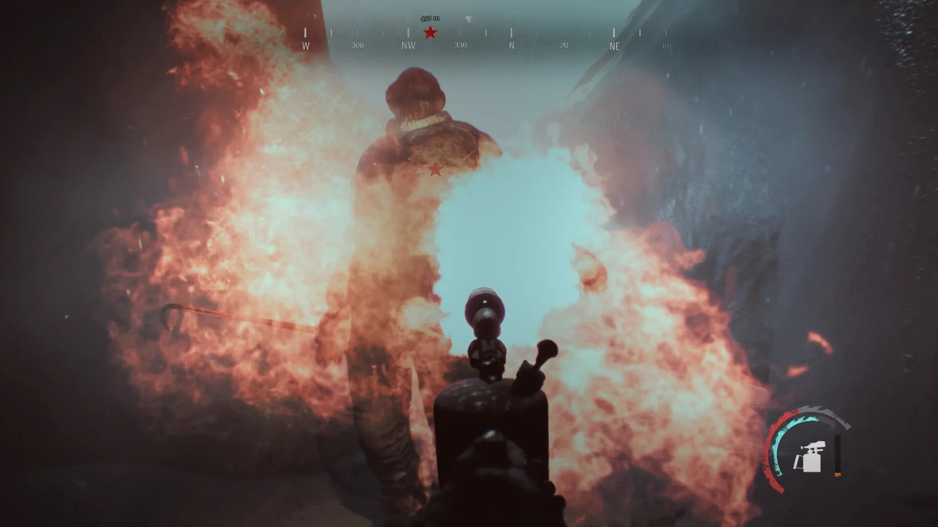 NEDRA: Player uses flamethrower against enemy in icy cavern with health and ammo HUD displayed.
