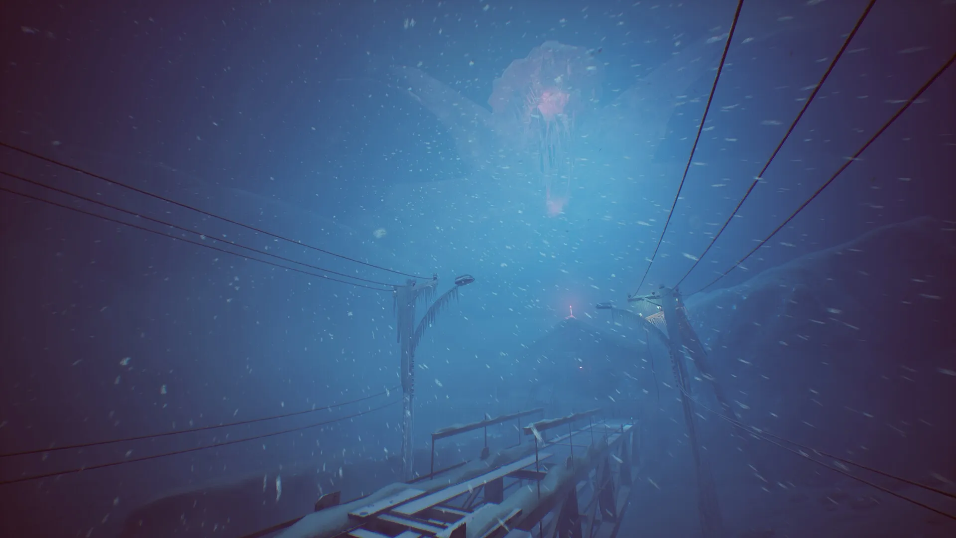 NEDRA: Snowstorm obscures view of an icy walkway and distant structure under eerie glowing sky