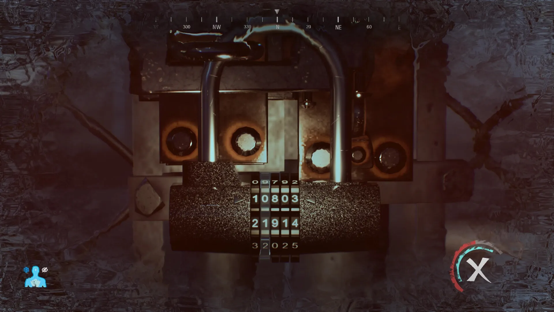 NEDRA: Combination lock puzzle interface with rotating dials in dimly lit Soviet-era Antarctic station.