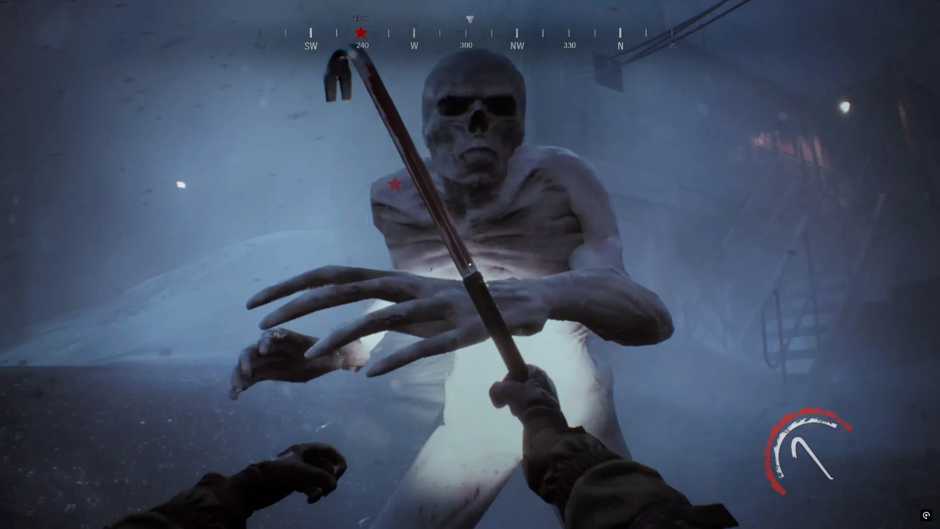 NEDRA: Player confronts a towering skeletal creature with a crowbar in a foggy Antarctic station scene.