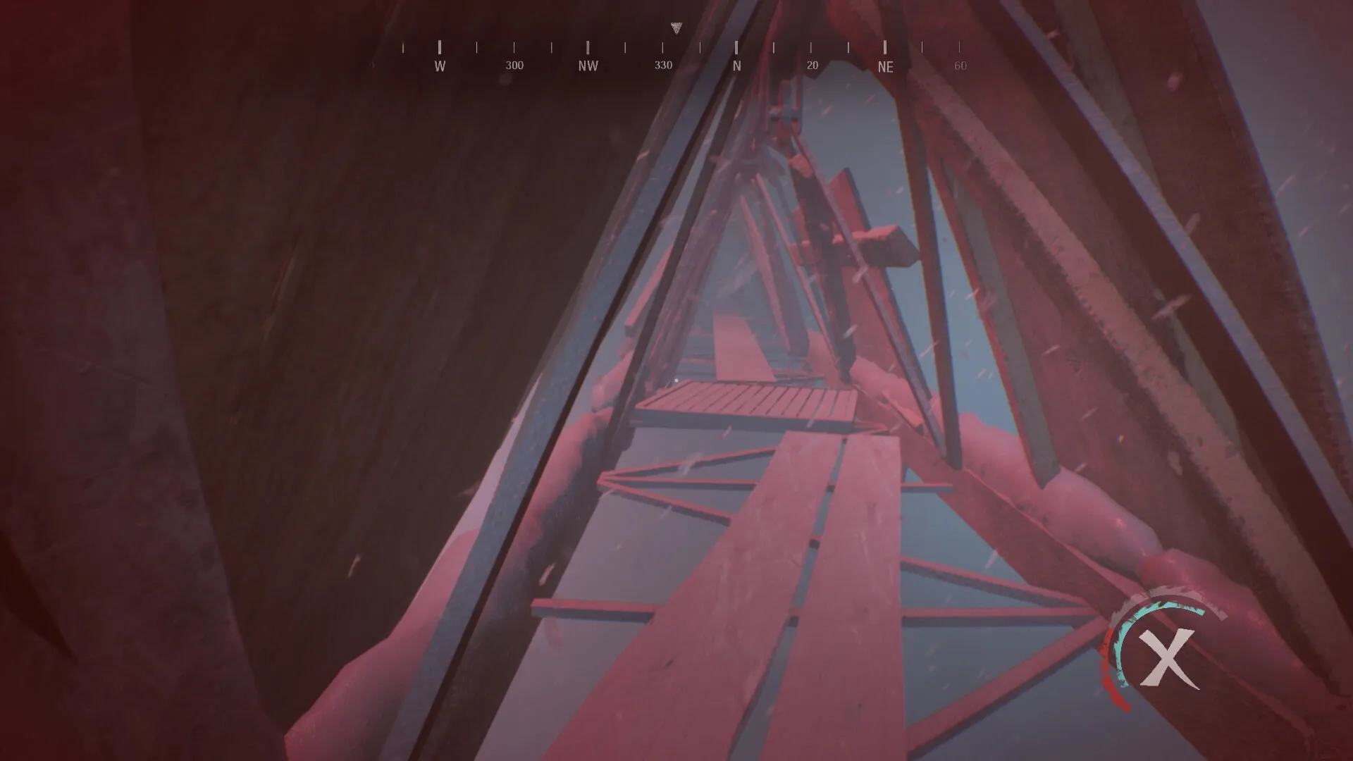 NEDRA: Narrow bridge crossing inside an abandoned Antarctic station, compass and health icon displayed.