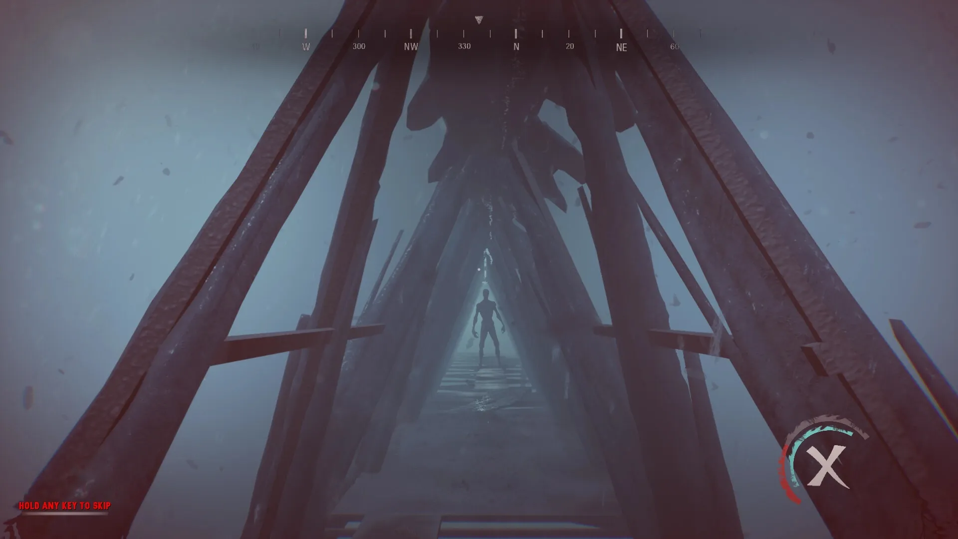 NEDRA: Silhouette of a figure in a foggy corridor with icy beams, compass HUD at the top of the screen