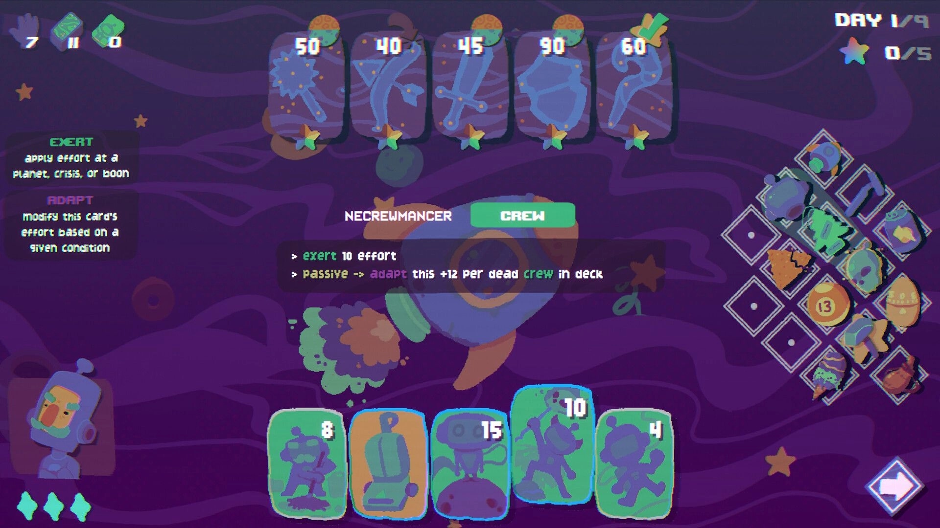 Negative Space: Card selection screen with crew stats, abilities, and various icons displayed on grid