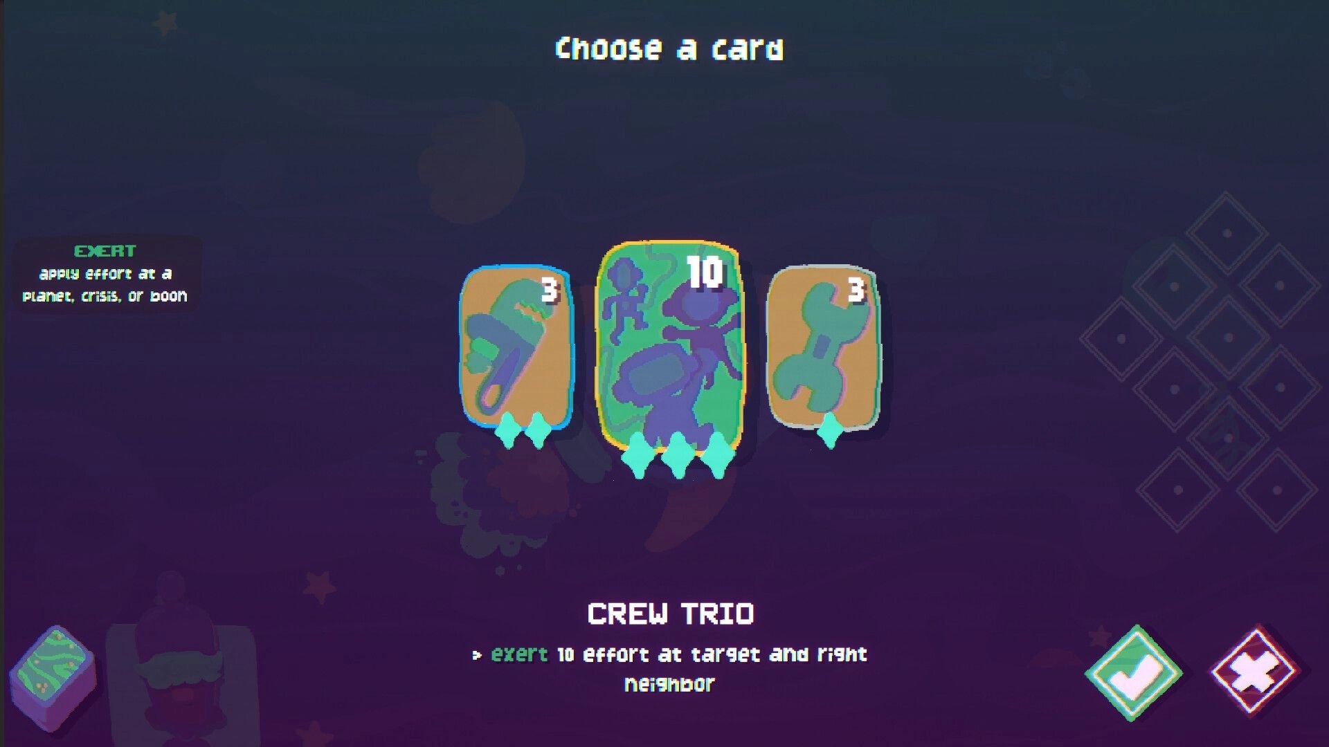 Negative Space: Card selection screen with three options and exert ability description in cosmic theme