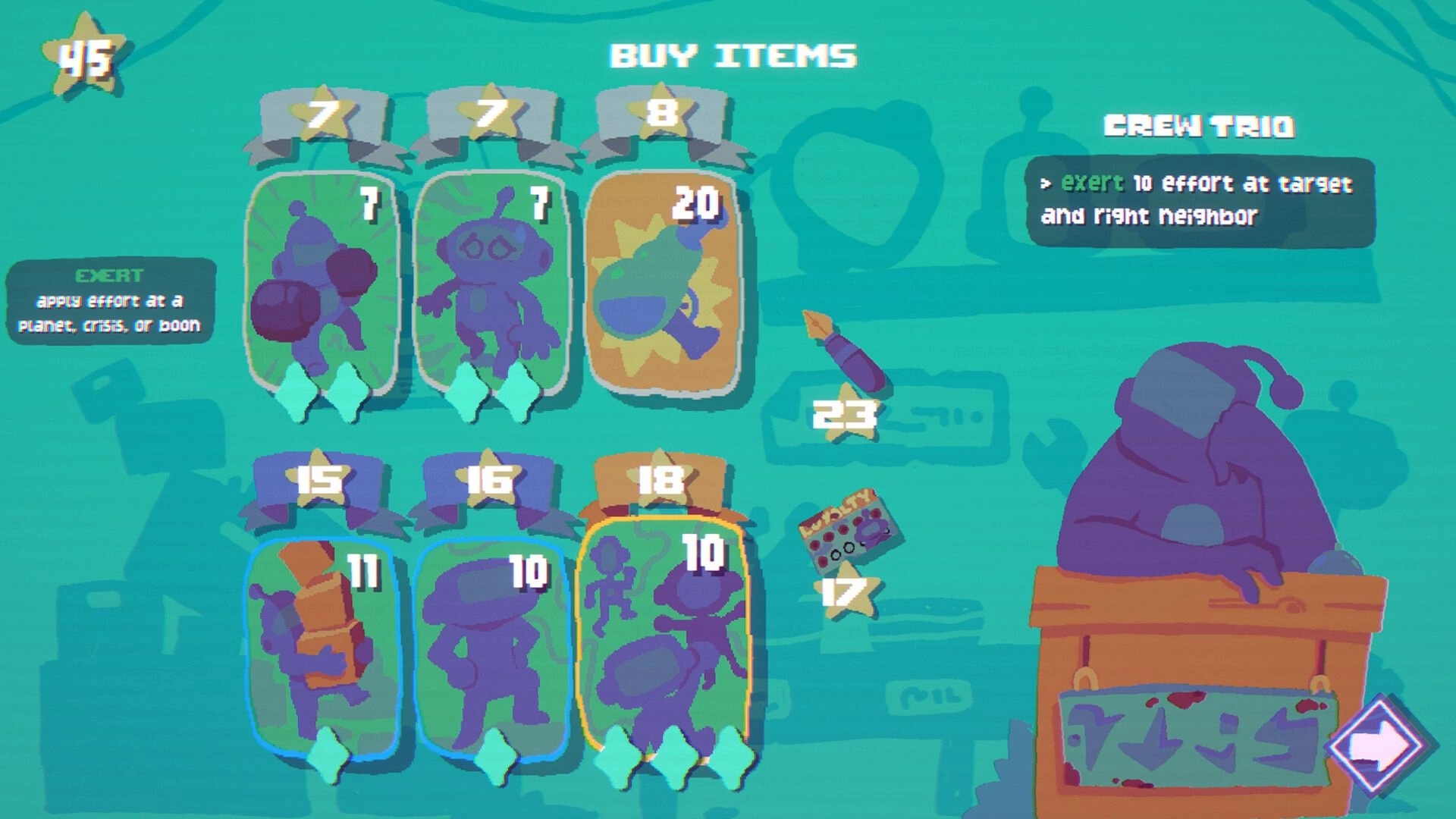 Negative Space: Buy items screen with various cards and a character at a counter in a vibrant interface